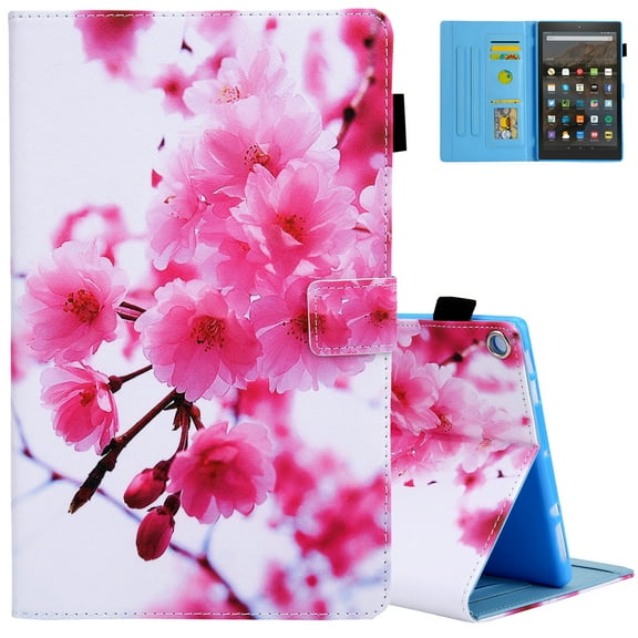 Cartoon Case for Fire HD 8 (8th Generation 2018 /7th Generation 2017 /6th Generation 2016 Release), Fold Stand Magnetic Leather Protector Wallet Flip Case with Auto Sleep Wake, Pink Cherry Blossom