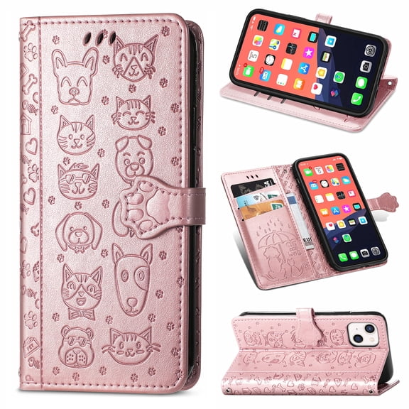 Cartoon Case for iPhone 13(2021), Allytech Embossed Animal PU Leather Impact Resistant TPU Back Card Slots Magnetic Closure Hand Strap Stand Cover for iPhone 13 6.1" 2021, Rosegold
