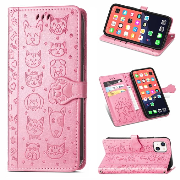 Cartoon Case for iPhone 13(2021), Allytech Embossed Animal PU Leather Impact Resistant TPU Back Card Slots Magnetic Closure Hand Strap Stand Cover for iPhone 13 6.1" 2021, Pink