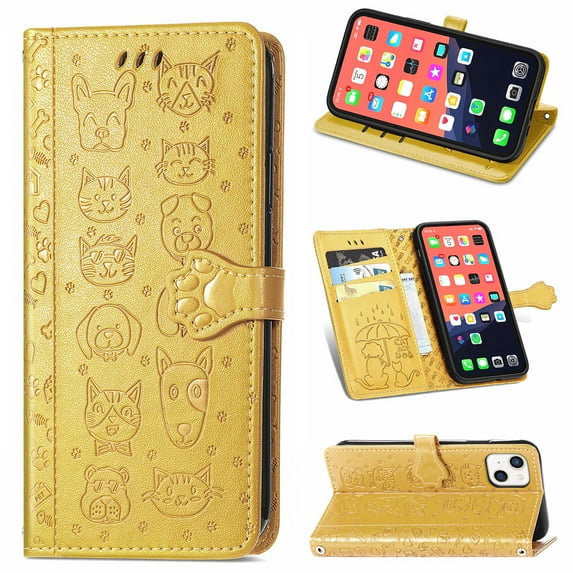 Cartoon Case for iPhone 13(2021), Allytech Embossed Animal PU Leather Impact Resistant TPU Back Card Slots Magnetic Closure Hand Strap Stand Cover for iPhone 13 6.1" 2021, Yellow