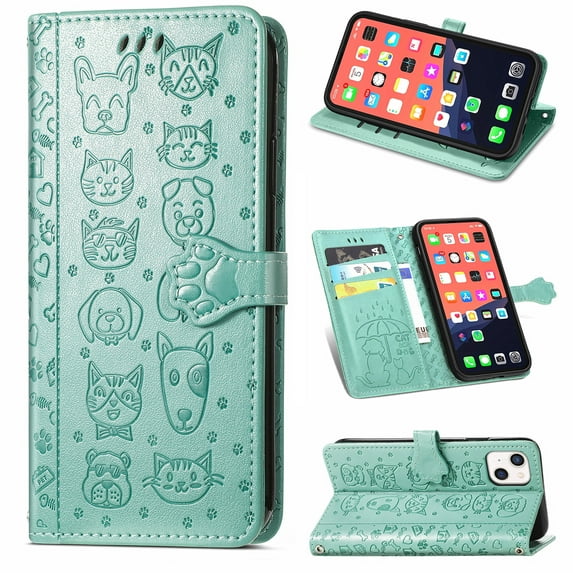 Cartoon Case for iPhone 13 Mini(2021), Allytech Embossed Animal PU Leather Impact Resistant TPU Back Card Slots Magnetic Closure Hand Strap Stand Cover for iPhone 13 Mini 5.4" 2021, Green