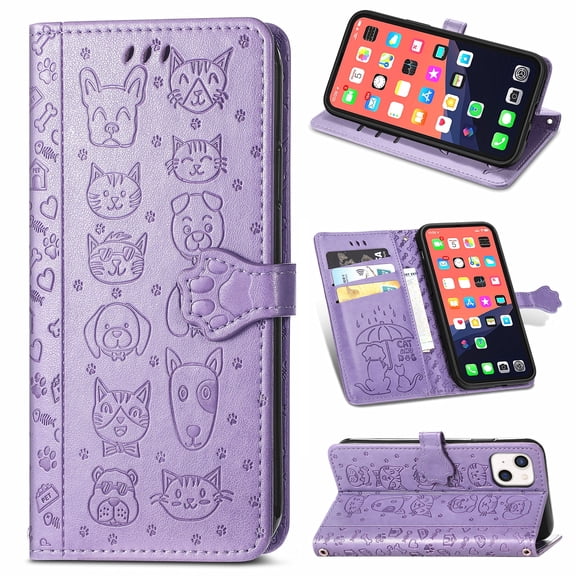 Cartoon Case for iPhone 13 Mini(2021), Allytech Embossed Animal PU Leather Impact Resistant TPU Back Card Slots Magnetic Closure Hand Strap Stand Cover for iPhone 13 Mini 5.4" 2021, Purple