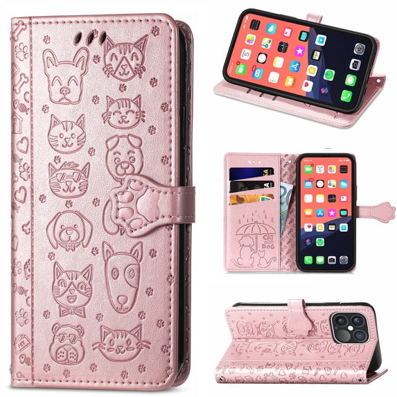 Cartoon Case for iPhone 13 Pro(2021), Allytech Embossed Animal PU Leather Impact Resistant TPU Back Card Slots Magnetic Closure Hand Strap Stand Cover for iPhone 13 Pro 6.1" 2021, Rosegold