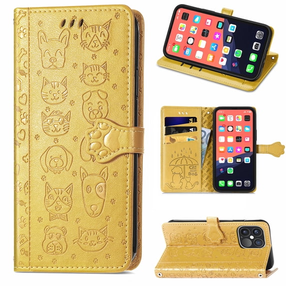 Cartoon Case for iPhone 13 Pro(2021), Allytech Embossed Animal PU Leather Impact Resistant TPU Back Card Slots Magnetic Closure Hand Strap Stand Cover for iPhone 13 Pro 6.1" 2021, Yellow