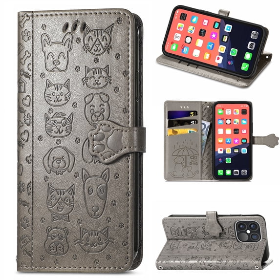 Cartoon Case for iPhone 13 Pro Max(2021), Allytech Embossed Animal PU Leather Impact Resistant TPU Back Card Slots Magnetic Closure Hand Strap Stand Cover for iPhone 13 Pro Max 6.7" 2021, Gray