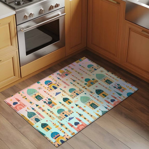 Cartoon Castle 2x3 Rug for Entryway Front Door Kitchen Sink Area, Green Pink Gradient Low Pile Washable Non Slip Rectangle Area Rug