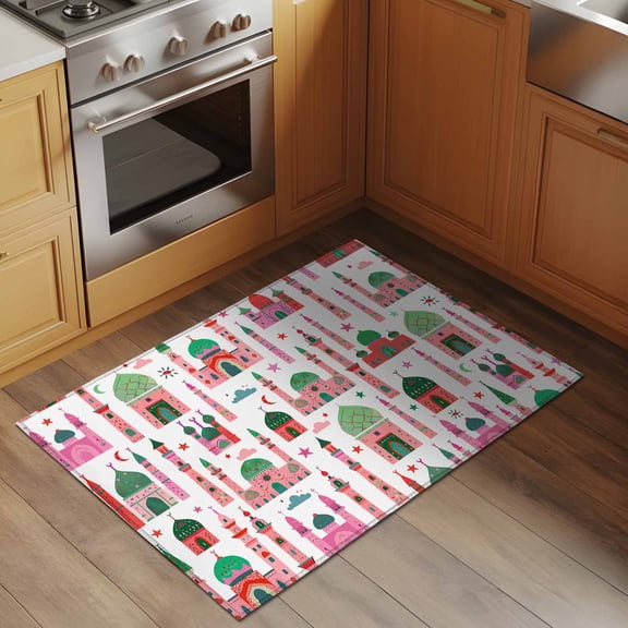 Cartoon Castle 2x3 Rug for Entryway Front Door Kitchen Sink Area, Red Pink Green Castle Low Pile Washable Non Slip Rectangle Area Rug