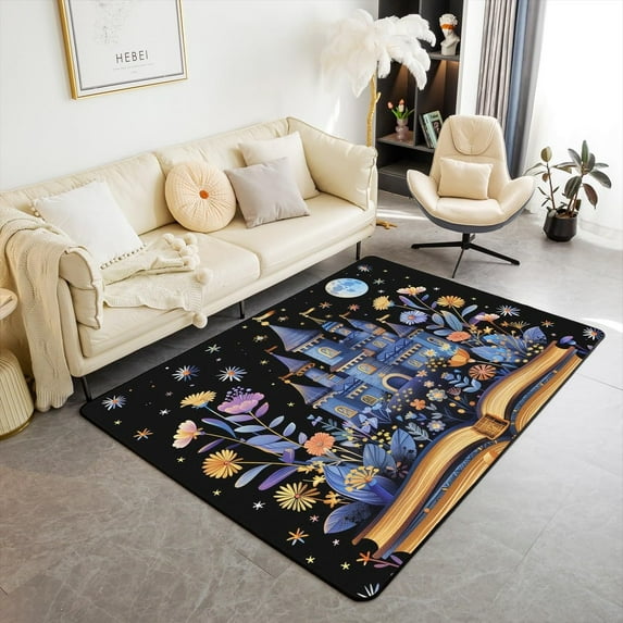 Cartoon Castle Area Rug ,Retro Groovy Daisy Flowers Starry Moon Kids Adults Rugs For Bedroom Playroom Bedside,Princess Magical Book Fairy Tale Indoor Rug For Home Decor 5x7ft