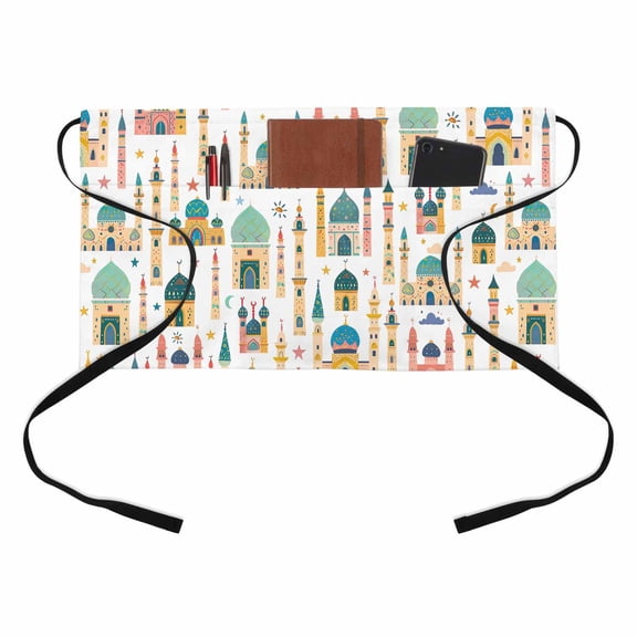 Cartoon Castle Kitchen Restaurant Half Waist Apron, Stars Moon Server Short Apron with 3 Pockets Waterproof Oil Waist Aprons for Women Waitress Waiter