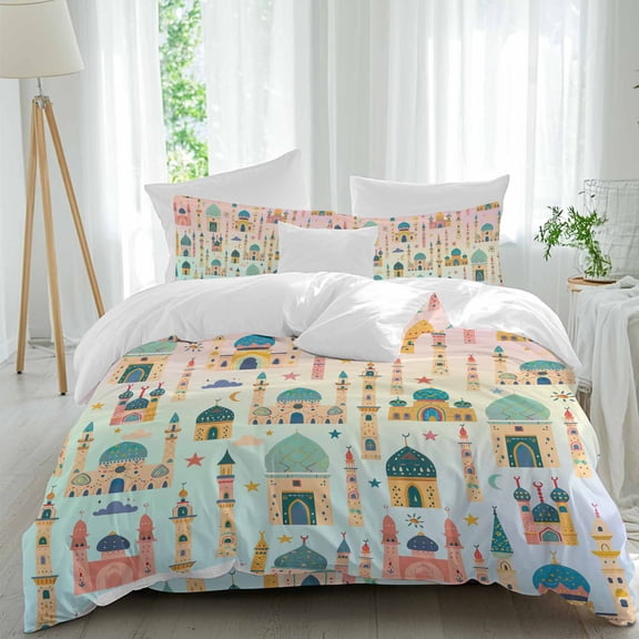 Cartoon Castle Queen Duvet Cover Set, Green Pink Gradient 4 Piece Microfiber Bedding Set with Zipper Closure, Bed Sheet and 2 Pillow Shams, Soft Bedding Cover