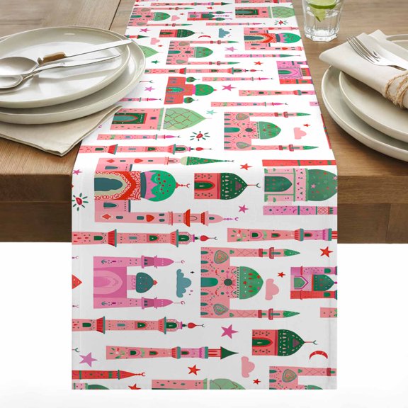 Cartoon Castle Table Runner 13x108 inch Red Pink Green Castle Cotton Linen Dining Table Runner Ideal for Dresser Kitchen Coffee Tables - Machine Washable
