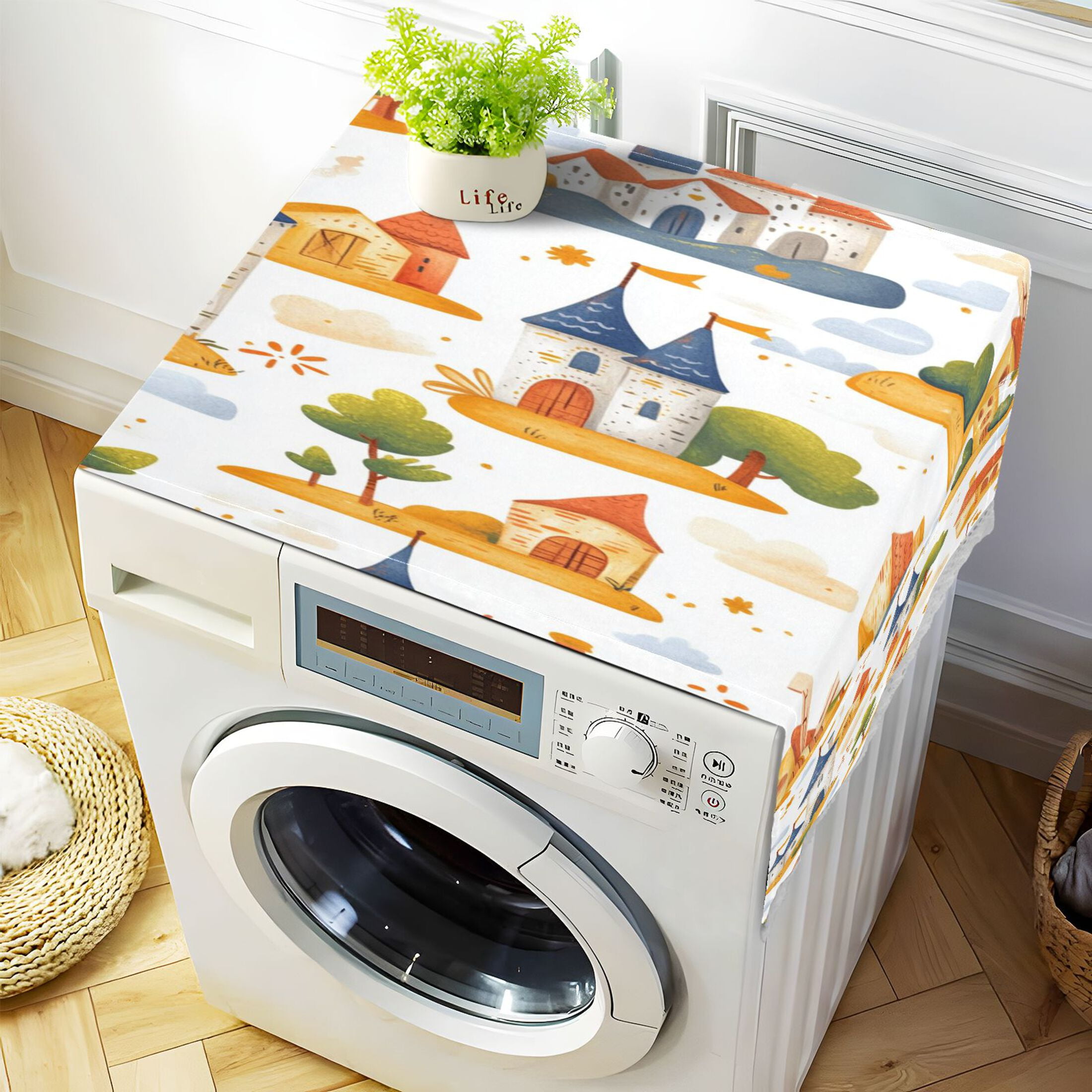 Cartoon Castle and WindmillWasher and Dryer Covers Dust-Proof and Oil Resistant Fridge Cover with 4 Storage Pockets Washing Machine Top Cover for Laundry Kitchen Home 51.2 x 22 In