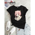 Cartoon Cat Anime Character Print Round Neck . Summer Cute Graphic