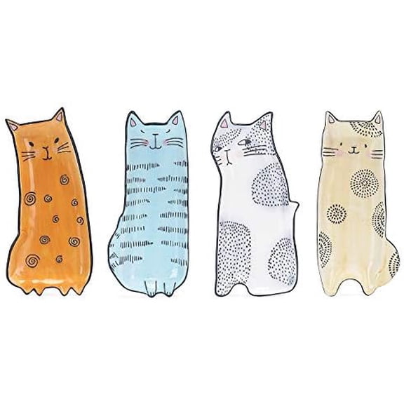 Cartoon Cat Appetizer Plates Set of 4, Small Stoneware Ceramic Plates for Appetizer, Snacks, Sauce, Assorted Color, Microwave and Dishwasher Safe$$