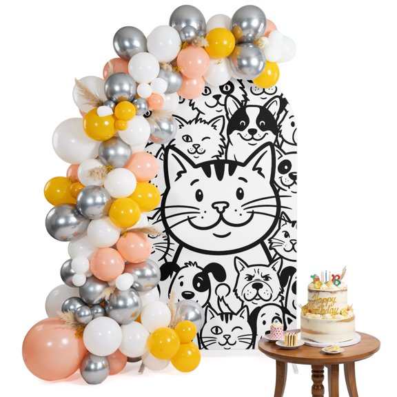 Cartoon Cat Arch Backdrop Cover 4FT Cute Dog Black White Line Animal Abstract Spandex Fitted Arch Covers Stretchy Backdrop Decoration for Wedding Birthday Graduation Party