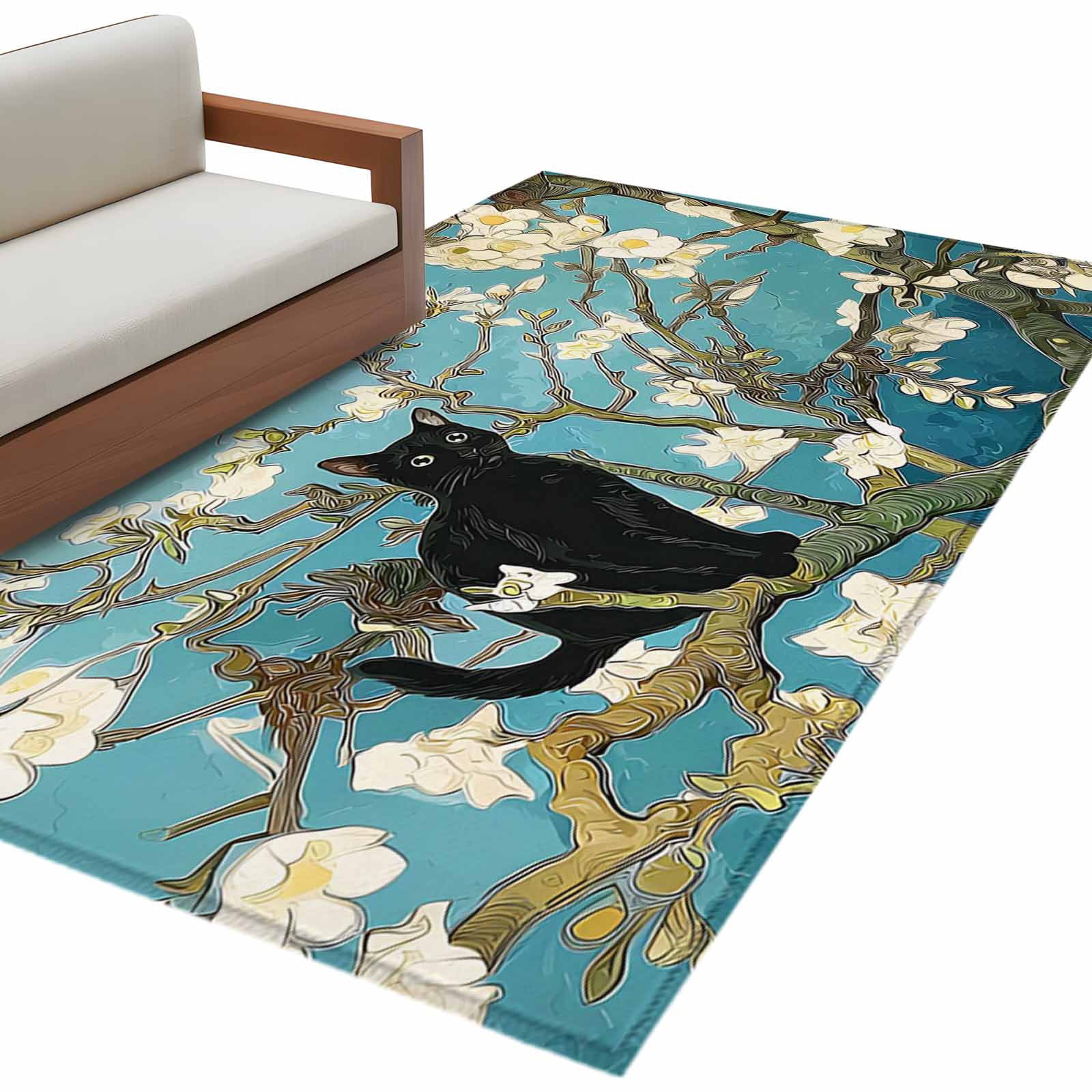 Cartoon Cat Area Rug 4x6 Washable Rug Non Slip Branches Spring