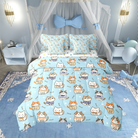 Cartoon Cat Bedding Comforter Sets 7 Pieces Cute Kitten Bed in a Bag Twin, Blue Bedding Set 7-Piece, Bedroom Decor