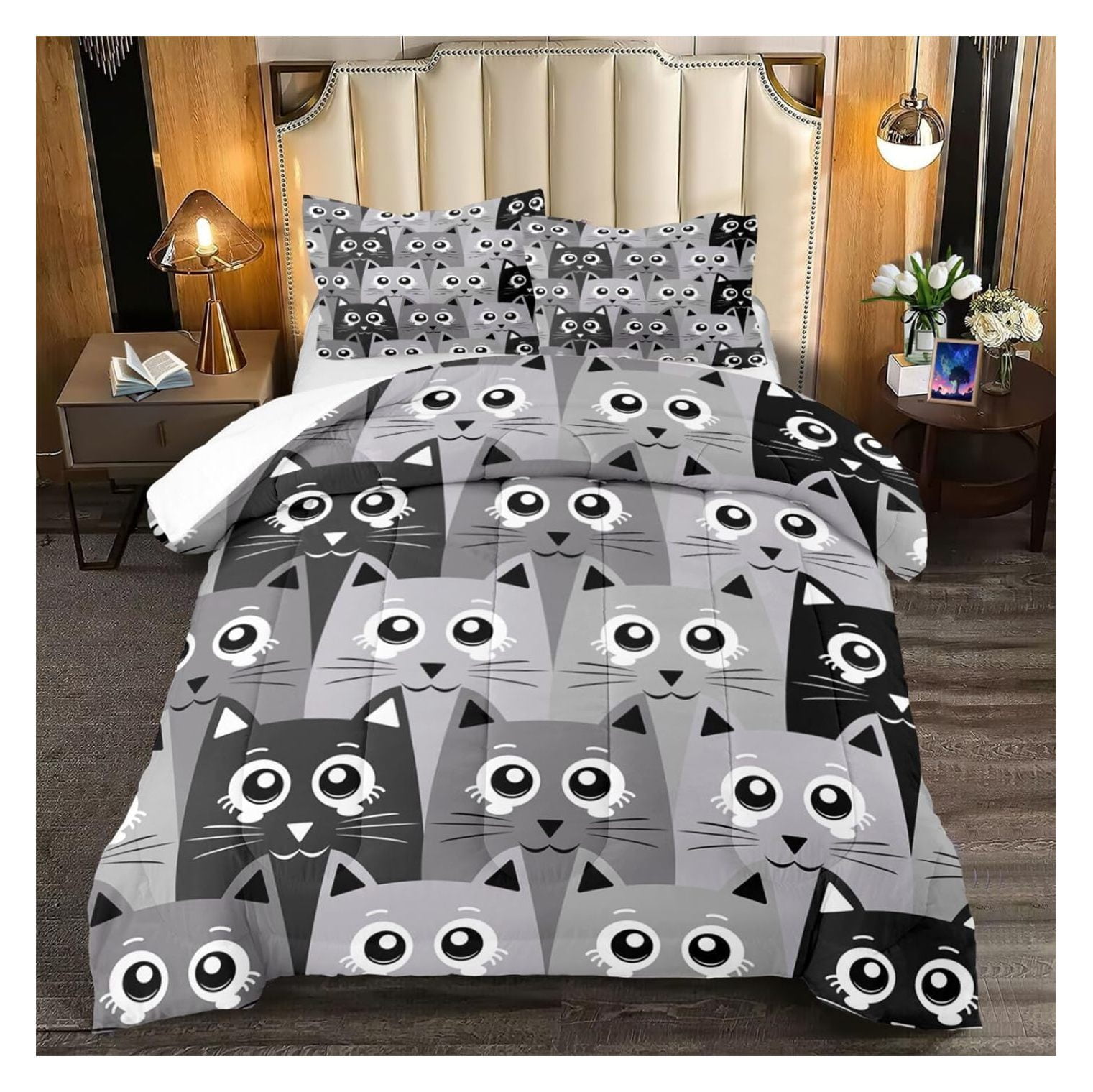Cartoon Cat Bedding Set 3Pcs Cute Cat Comforter Set for Bedroom Kids