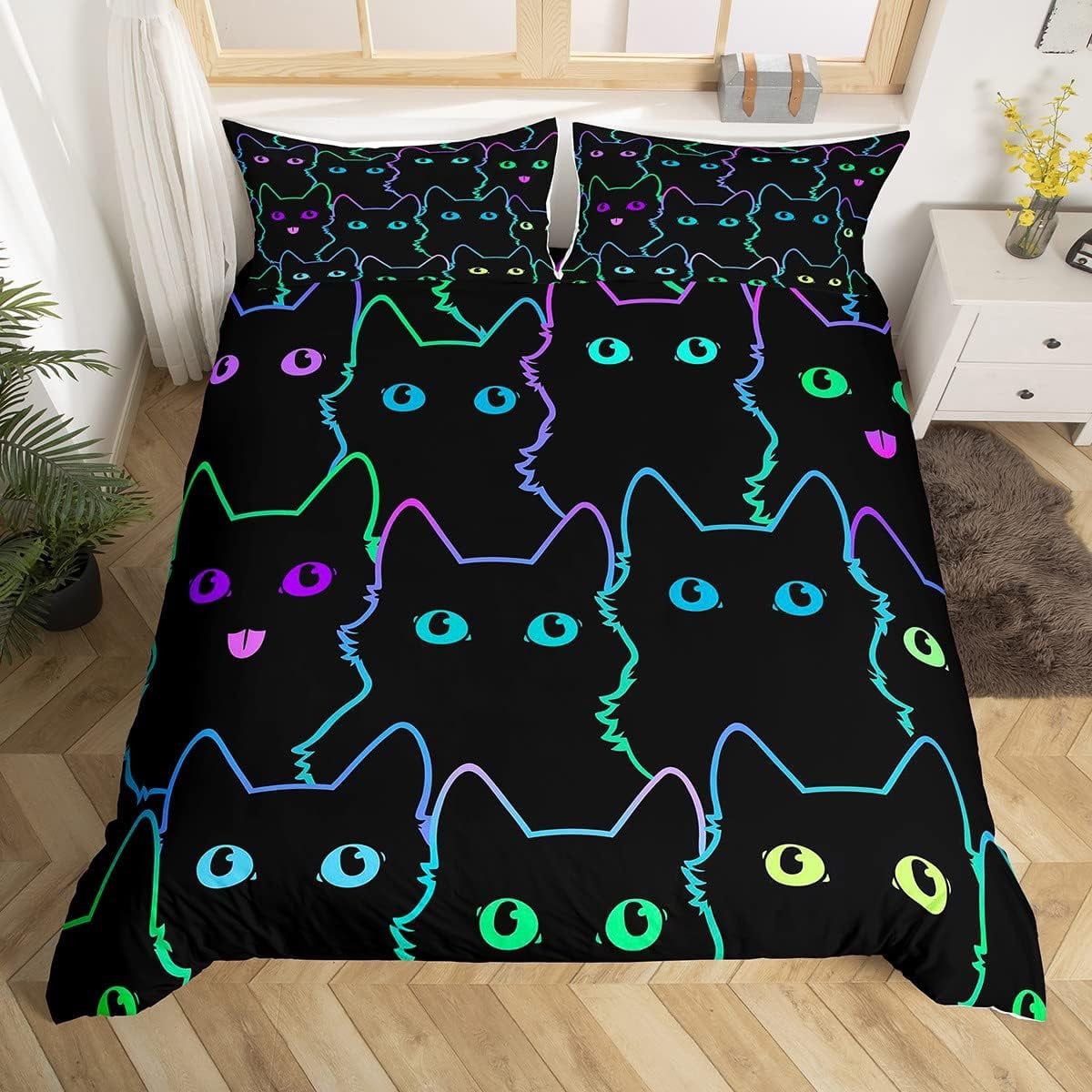 Cartoon Cat Bedding Set for Girls Boys Children Pet Cats Comforter Cover Cute Kitten Neon Light