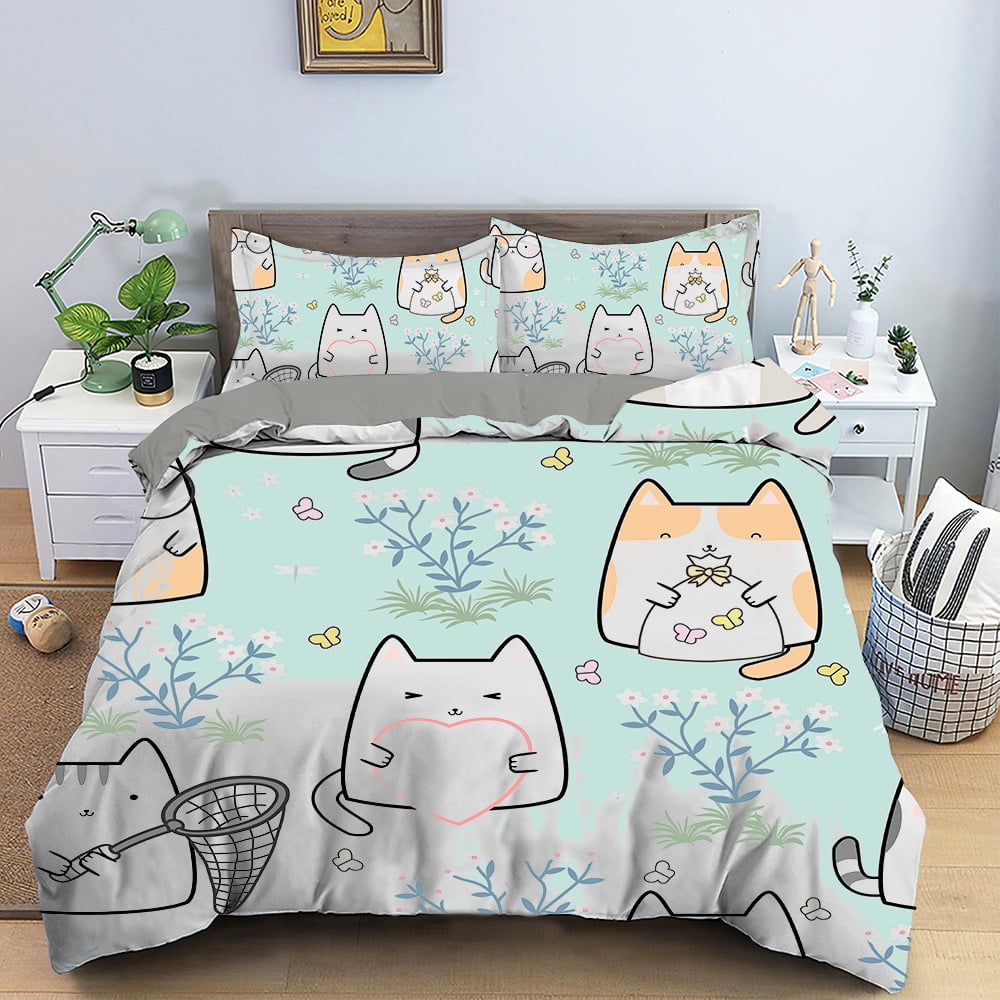 Cartoon Cat Bedding Set for Girls Boys Cat Duvet Cover Cute Kawaii Cat