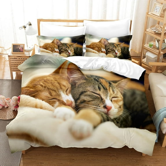 Cartoon Cat Comforter Cover Set Full Size, Cat Bedding Set,Cute Cat Duvet Cover Set with Zipper for Teens Kids Boys Girls Adults Room Decor, 1 Quilt Cover 2 Pillow Cases No Comforter