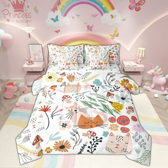 Cartoon Cat Comforter Set 7 Piece Bed in a Bag Twin,Floral Cute Animal Kitten Bedding Sets Rainbow Plant Leaves Watercolor Mushroom Flowers Sheet Set with Comforter