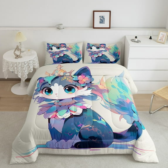 Cartoon Cat Comforter Set King Size Bedding Sets Watercolor 3D Anime Bed Comforter, Cute Pets Comforter for Animal Lovers Enthusiast Kawaii Anime Decor Design Quilt Teens
