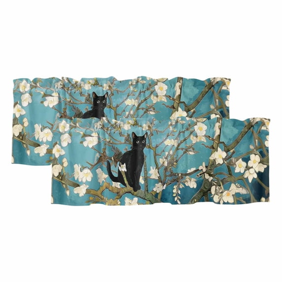 Cartoon Cat Curtain Valances for Windows, Kitchen Valance Window Treatments Panel 2 Pack, Branches Spring Floral Vintage Art Rod Pocket Short Curtains for Bathroom Bedroom 42 x 12 Inch