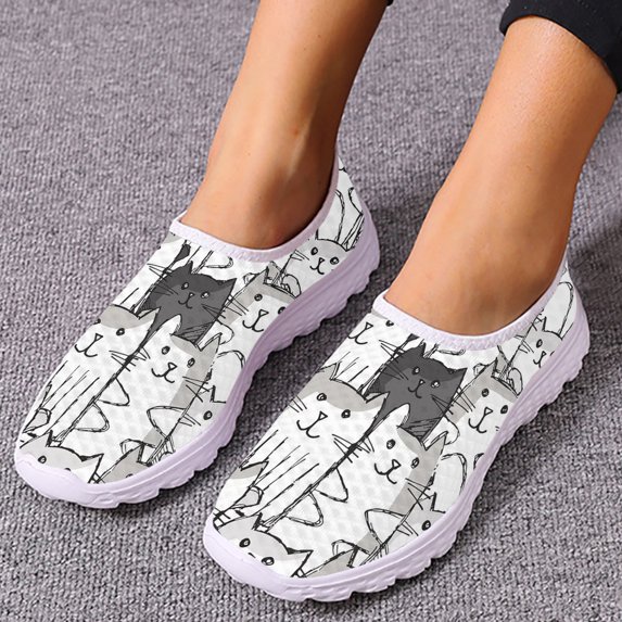 Cartoon Cat Designer Brand Slip-on Shoes Hand-painted Cat Print Loafers Women's Casual Breathable Mesh Shoes Zapatos