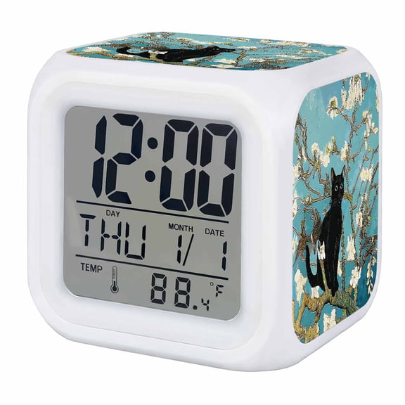 Cartoon Cat Digital Alarm Clock for Bedrooms, Smart LED Alarm Clock with 7 Color Changing Night Light, Branches Spring Floral Vintage Art Silent Wake Up Clocks for Sleep Study Cooking 3.2"x3.2"