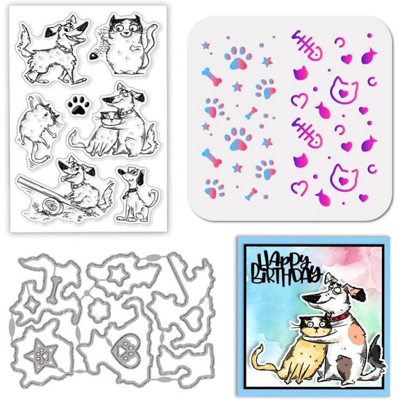Cartoon Cat Dog Clear Stamp Paw Prints Cartoon Animals Cutting Die PET Paint Craft Template Stencils Set for Card Making and DIY Embossing Scrapbooking Craft Decor
