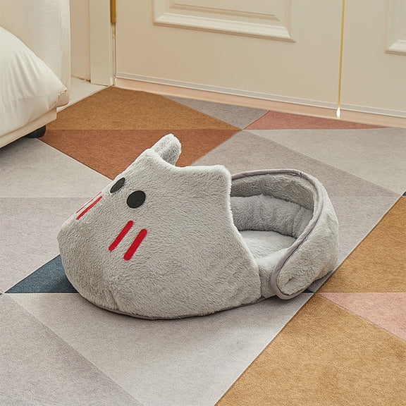 Cartoon Cat Face Slipper Style Pet Bed, Soft Plush Semi-Enclosed Cat Cave Bed, Washable Cozy Warm Pet Nest for Indoor Cats Kittens Small Dogs Puppies, All Season Comfortable Sleeping Bed