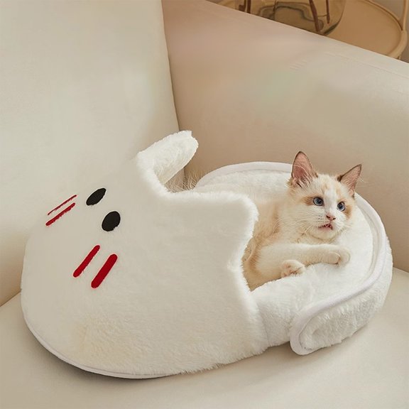 Cartoon Cat Face Slipper Style Pet Bed, Soft Plush Semi-Enclosed Cat Cave Bed, Washable Cozy Warm Pet Nest for Indoor Cats Kittens Small Dogs Puppies, All Season Comfortable Sleeping Bed