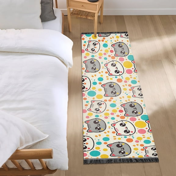 Cartoon Cat Face and Dots Runner Area Rug 2x6 Soft Non-Slip Washable Bedside Carpet for Hallway Bedroom Living Room Home Decor