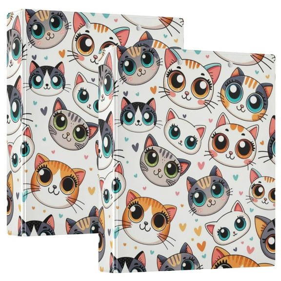 Cartoon Cat Face with Big Eye Hardcover 3 Ring Binder 1.5” Round Rings Letter Size Paper Pockets for School Office Supplies