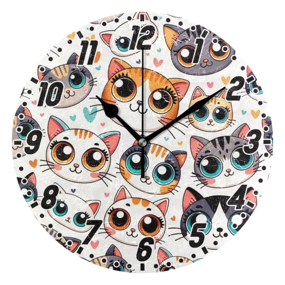 Cartoon Cat Face with Big Eye Round Wall Clock Battery Operated Silent Non-Ticking Bedroom Office Kitchen Home School Decor 10"(Black)