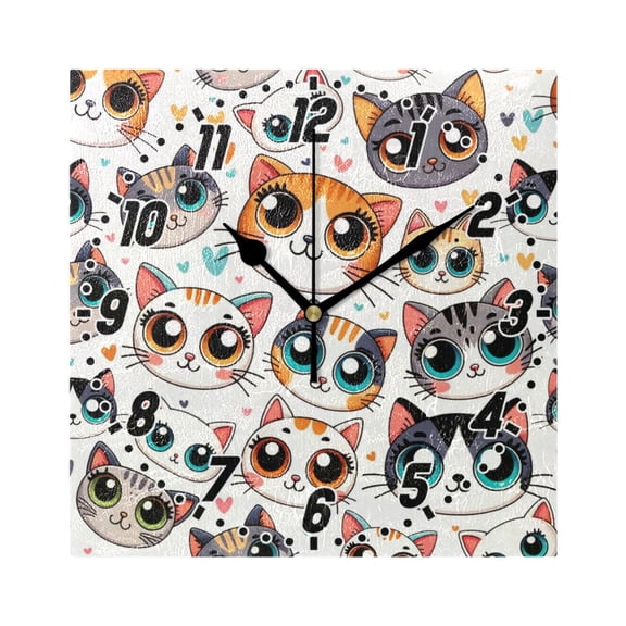 Cartoon Cat Face with Big Eye Wall Clock Battery Operated Silent Non-Ticking Bedroom Office Kitchen Home School Decor 7.8"(Black)