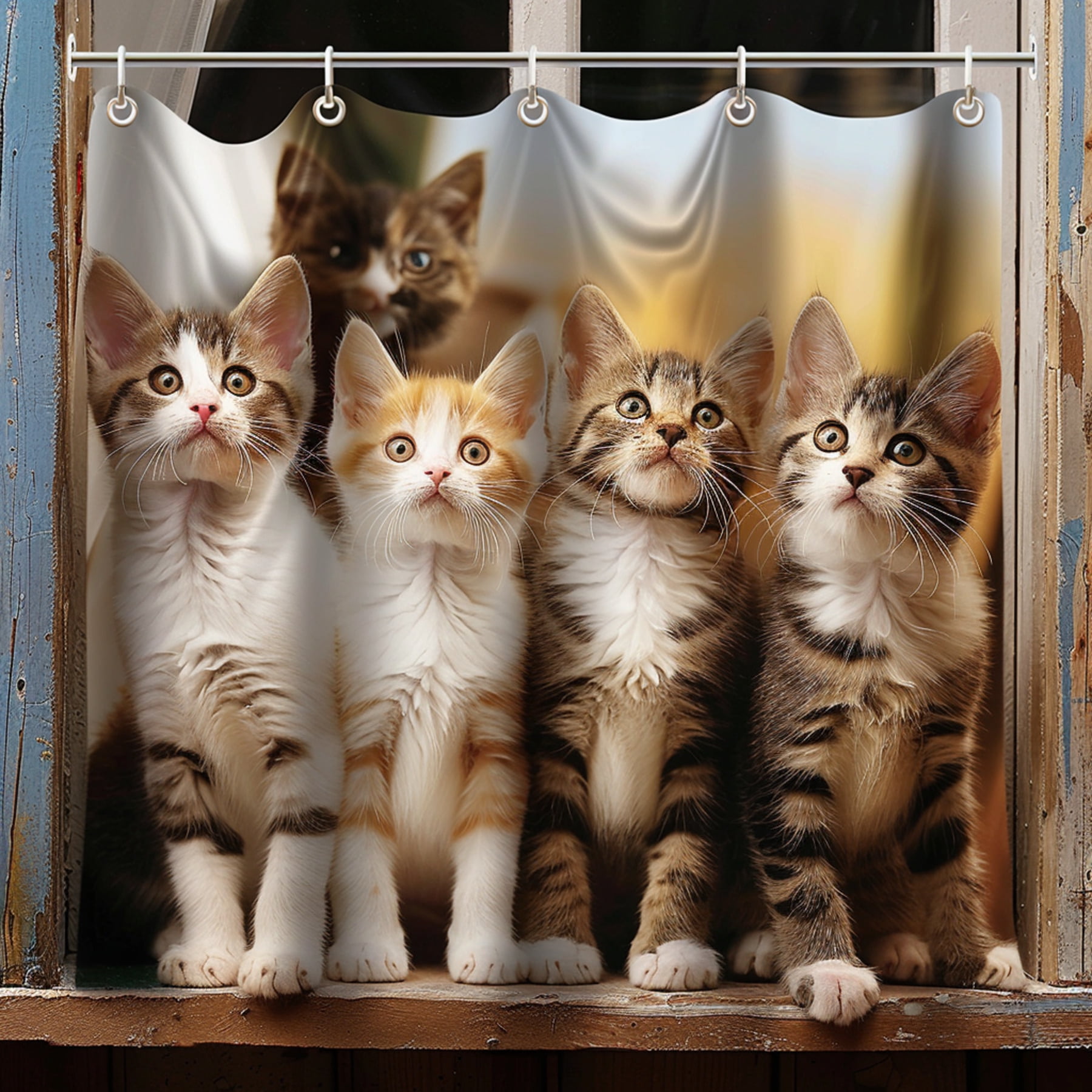 Cartoon Cat Faces Shower Curtain Cute White & Brown Tabby Cats Standing