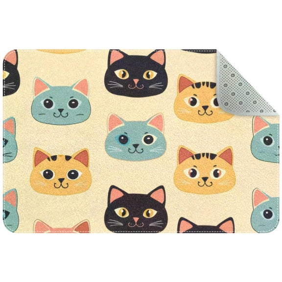 Cartoon Cat Faces Small Area Rug, Non-Slip Door Mat Indoor Floor Mat, Washable Kitchen Rug Entrance DMat for Bedroom Living Room