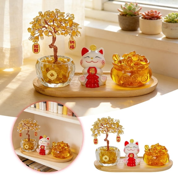 Cartoon Cat Figurine With Yellow Citrine Feng Shui For Wealth Home Entryway Tabletop Ornament Desktop Ornament Home Decor