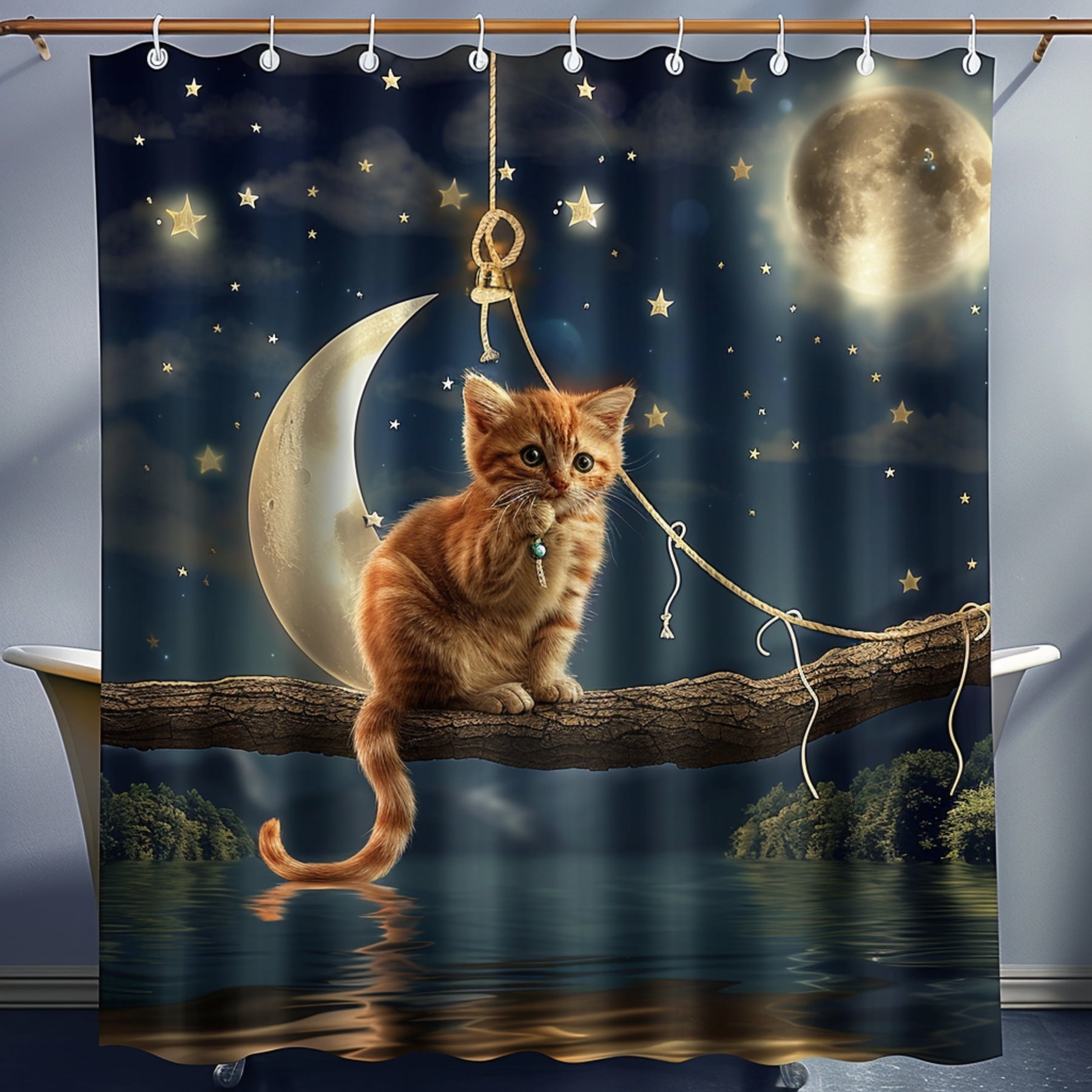 Cartoon Cat Fishing on Moon Shower Curtain Hyper Realistic Design with ...