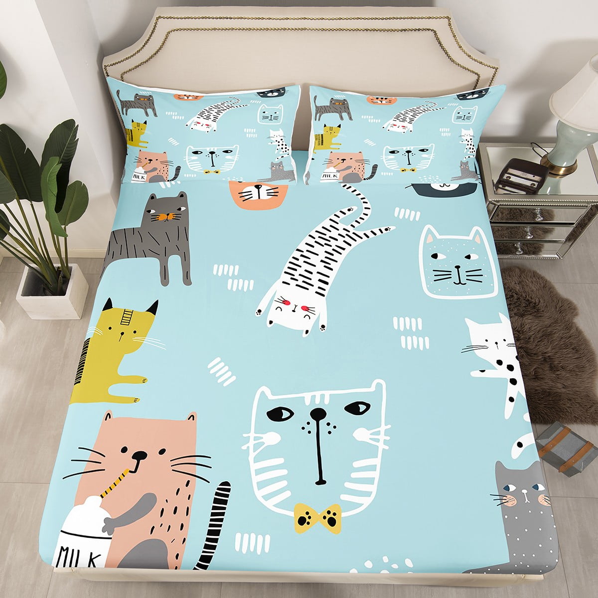 Cartoon Cat Fitted Sheet For Kids, Cute Cat Bedding Set For Girls Boys