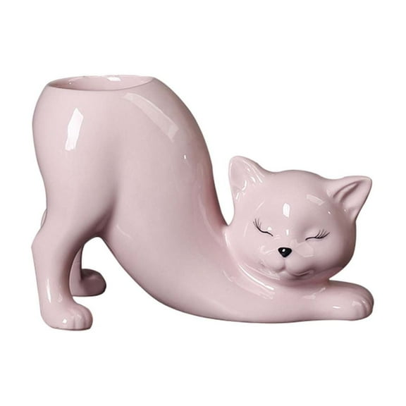 Cartoon Cat Flower Pot Animal Cat Vase Planter Ceramics Container Pot Flowerpot for Patio Home Living Room Garden White