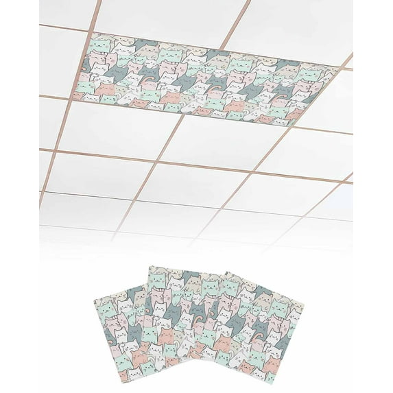 Cartoon Cat Fluorescent Light Covers for Ceiling Lights 4x2 feet,3 Pack Magnetic Light Filters for Classroom,Funny Cute Colorful Animal Pet Fluorescent Light Shade Panel for Office School Drop Home