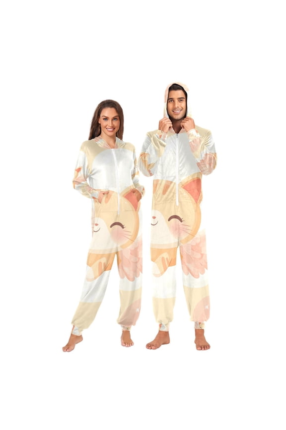 Cartoon Cat Fly Adult Onesie Pajamas Slim Fit Christmas One Piece Suit Pjs for Women and Men Hooded Zipper