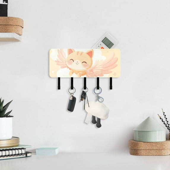 Cartoon Cat Fly Key Holder for Wall Mail Holder Organizer with 5 Key Hooks Wall Mount Key Rack with Shelf