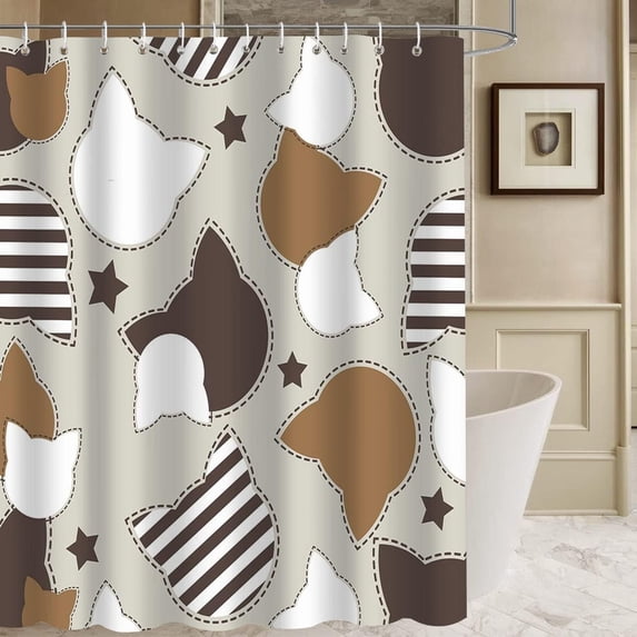 Cartoon Cat Head Shower Curtain for Bathroom Cute Kitty Silhouette Decorative Bath Curtain 72 x 72 Inch Kids Lovely Brown Kitten Striped Stars Bathroom Curtain with 12 Hooks