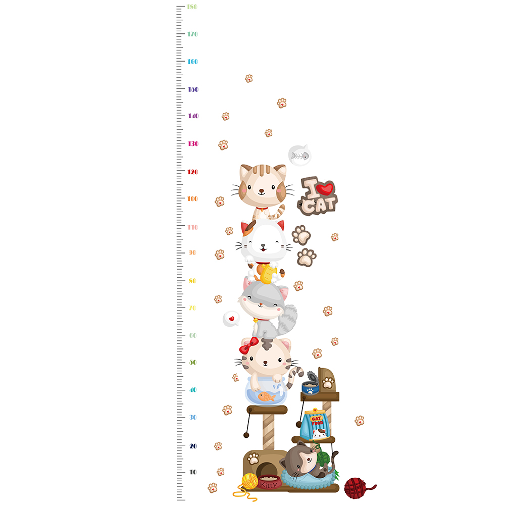 Cartoon Cat Height Measure Wall Stickers Home Decor Chart Ruler