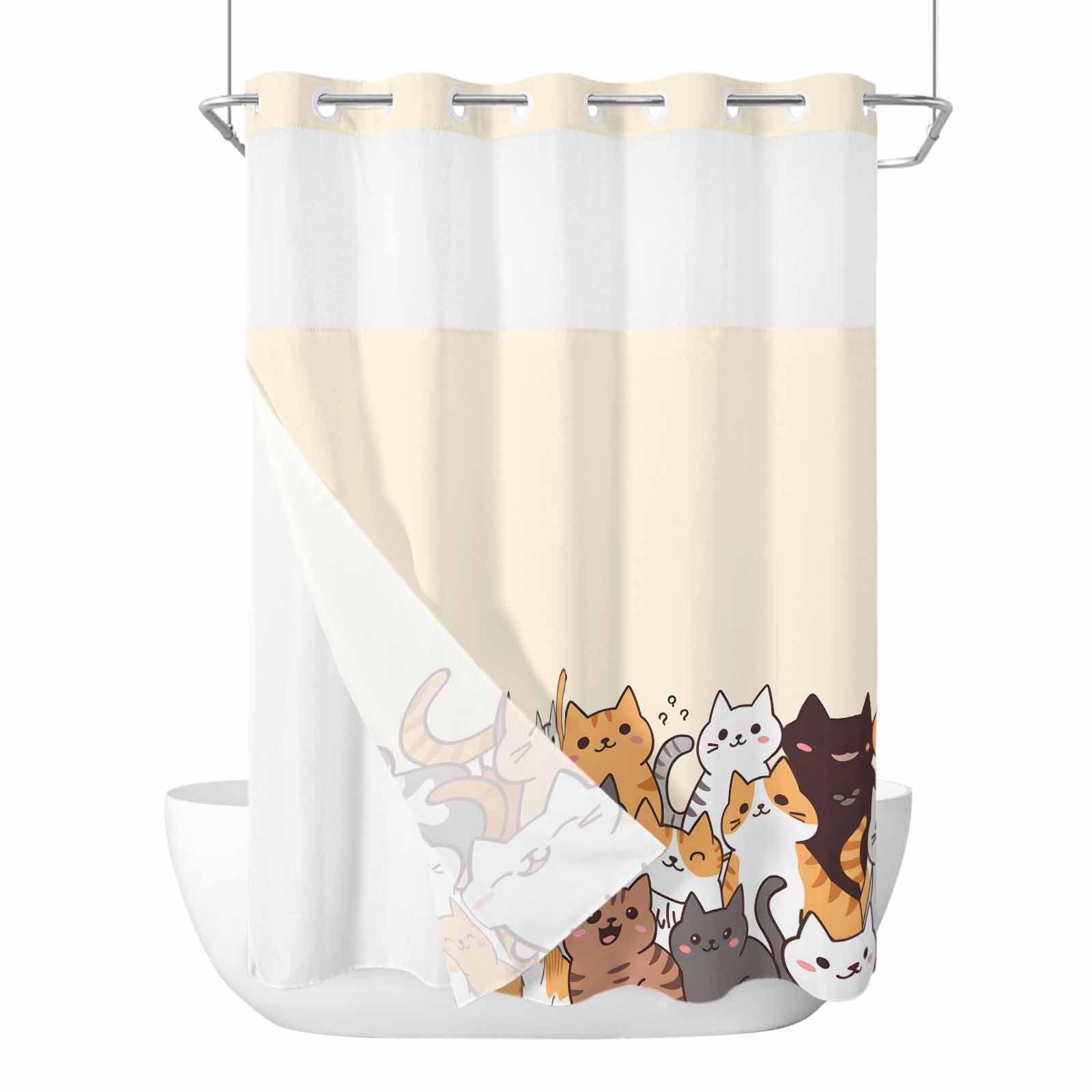 Cartoon Cat No Hook Shower Curtain Waterproof, Bathroom Curtains with ...