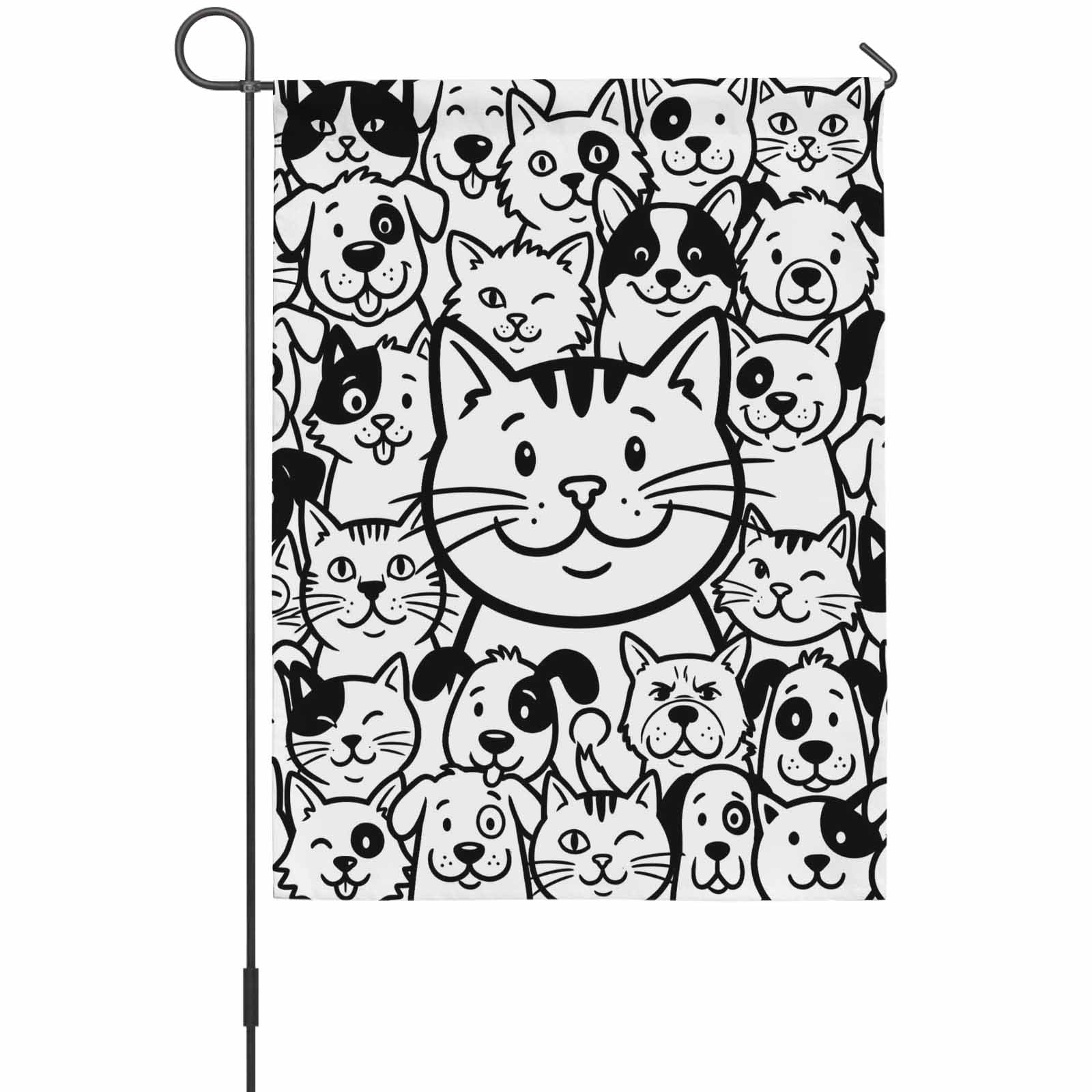 Cartoon Cat House Flag 28 x 40 Inches, Cute Dog Black White Line Animal Abstract Weather Proof Outdoor Patio Flags Double Sided Small House Decoration for Yard Lawn Outside Home